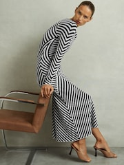Reiss Black/Ivory Kali Knitted Striped Midi Dress - Image 1 of 6