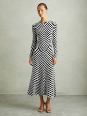 Reiss Black/Ivory Kali Knitted Striped Midi Dress - Image 3 of 6