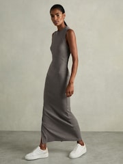 Reiss Charcoal Truly Ribbed Ruched Jersey Midi Dress - Image 1 of 6