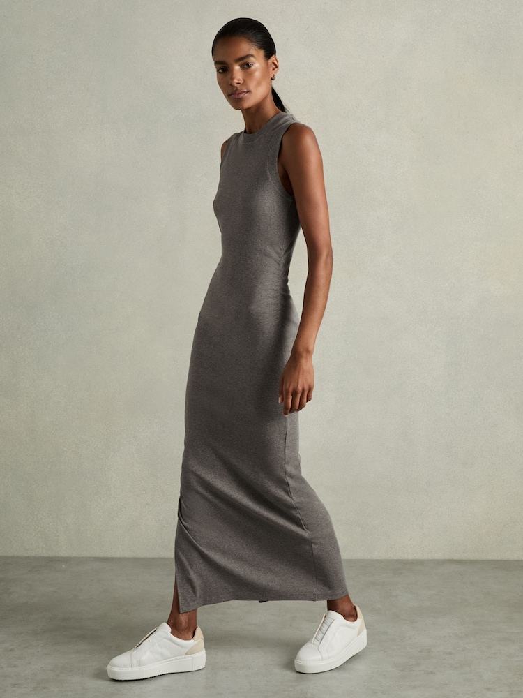 Reiss Charcoal Truly Ribbed Ruched Jersey Midi Dress - Image 1 of 6