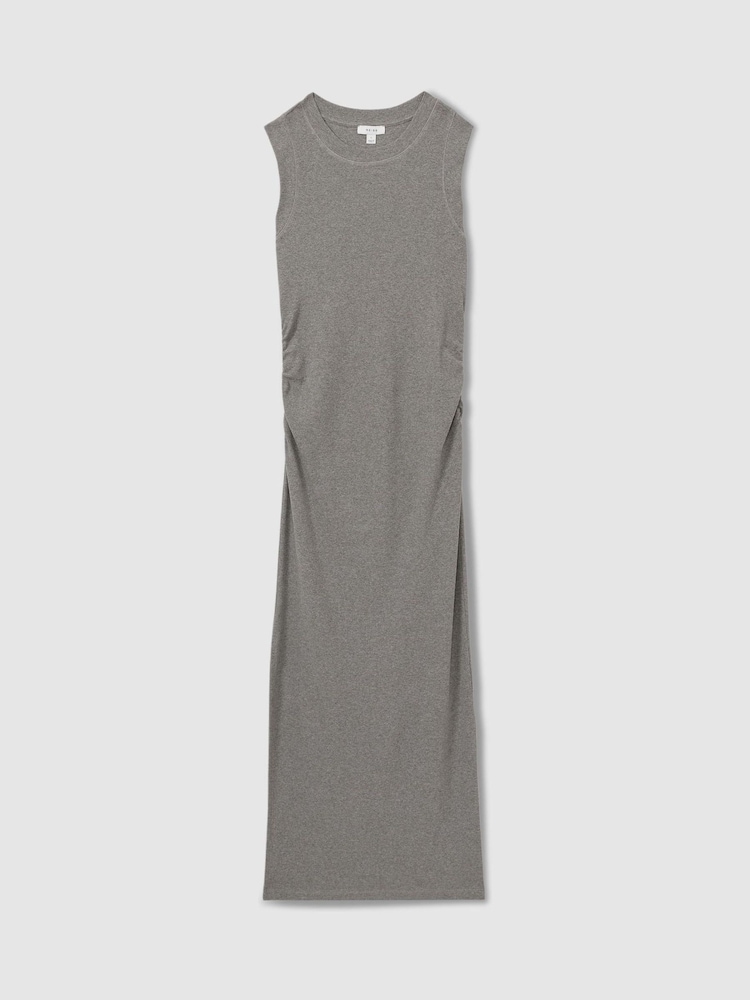 Reiss Charcoal Truly Ribbed Ruched Jersey Midi Dress - Image 2 of 6