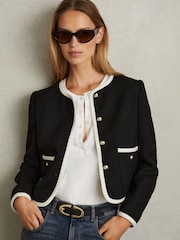 Reiss Black Brianna Wool Blend Contrast Trim Jacket - Image 1 of 5