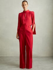 Reiss Red Anna Wool Blend Wide Leg Tux Trousers - Image 1 of 6