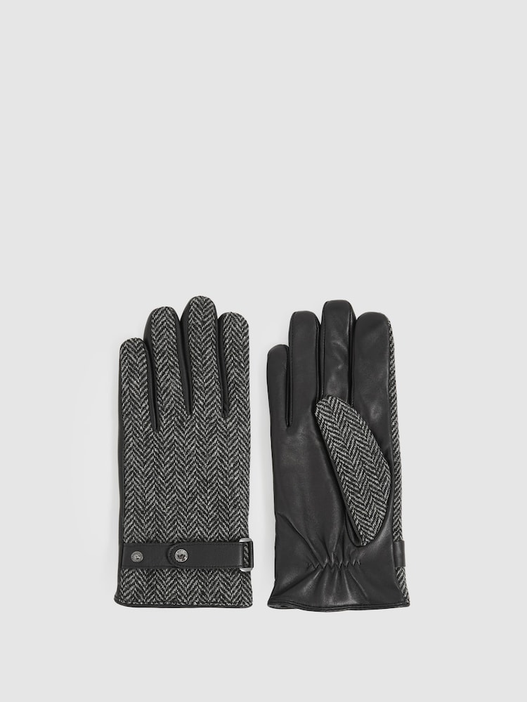 Reiss Vaughn Leather And Wool-Blend Herringbone Gloves - Imagen 1 de 2