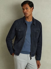Reiss Indigo Blue Pike Suede Zip-Through Trucker Jacket - Image 1 of 5