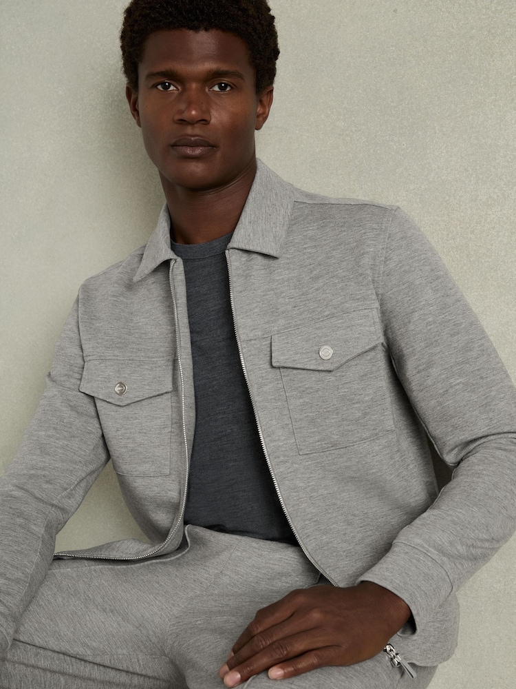 Reiss Grey Melange Medina Interlock Jersey Zip-Through Overshirt - Image 1 of 6