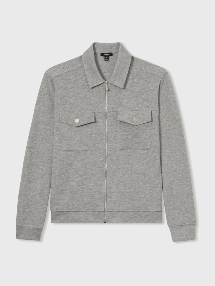 Reiss Grey Melange Medina Interlock Jersey Zip-Through Overshirt - Image 2 of 6