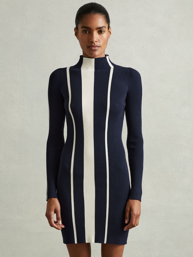 Reiss Navy/Ivory Kelli Ribbed Striped Mini Dress - Image 1 of 6