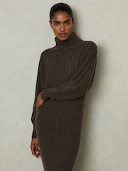Reiss Chocolate Winslet Roll-Neck Knitted Midi Dress With Cashmere - Image 1 of 5