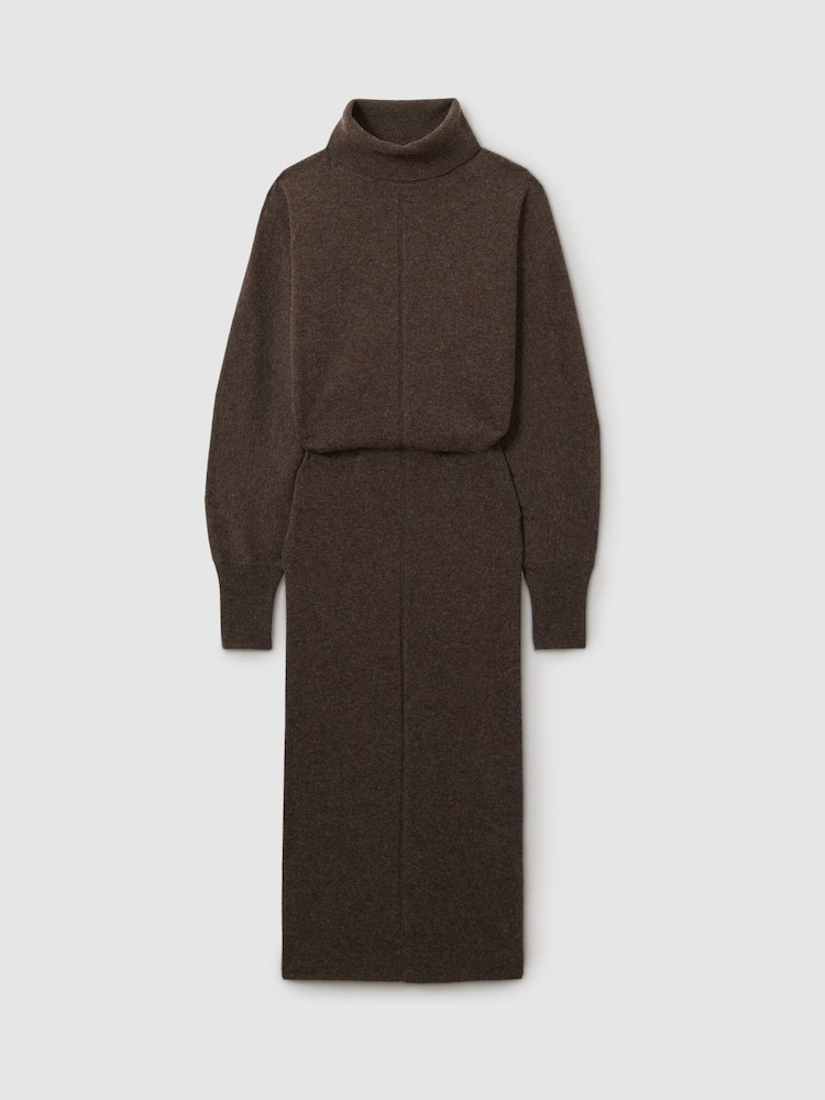 Reiss Chocolate Winslet Roll-Neck Knitted Midi Dress With Cashmere - Image 2 of 5