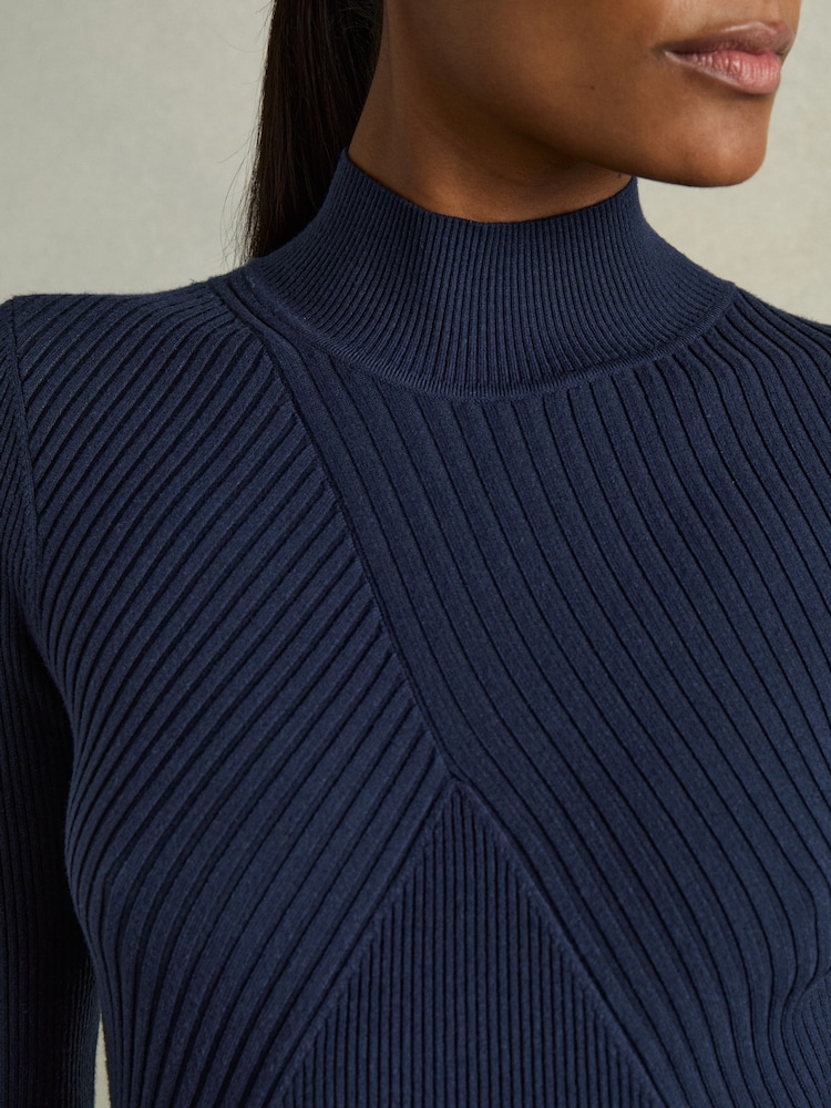 Reiss Navy Hannah Round Neck Ribbed Midi Dress - Image 4 of 6