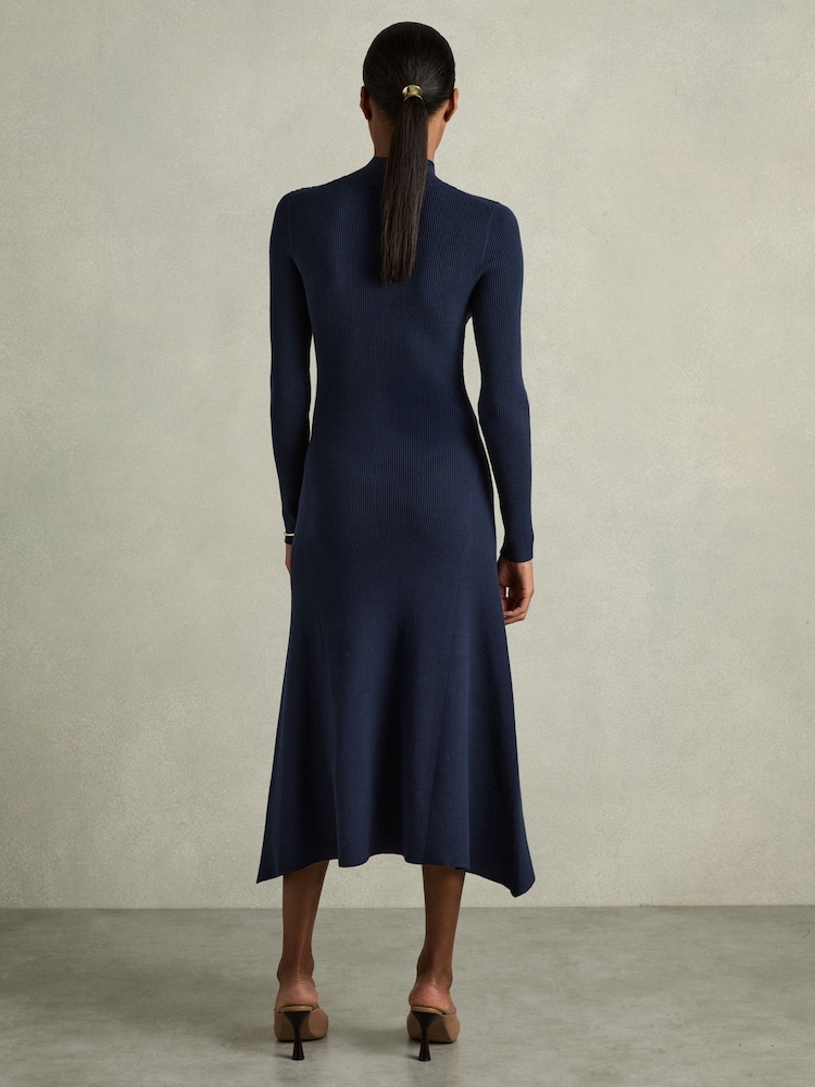Reiss Navy Hannah Round Neck Ribbed Midi Dress - Image 5 of 6