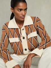 Reiss Camel/Ivory Korie Wool-Cashmere Diamond-Jacquard Cardigan - Image 1 of 6