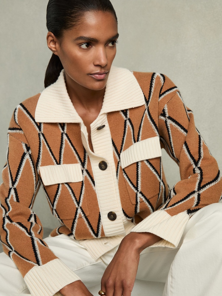 Reiss Camel/Ivory Korie Wool-Cashmere Diamond-Jacquard Cardigan - Image 1 of 6