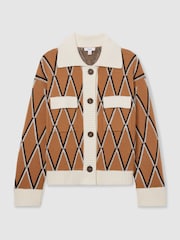 Reiss Camel/Ivory Korie Wool-Cashmere Diamond-Jacquard Cardigan - Image 2 of 6