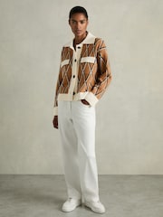 Reiss Camel/Ivory Korie Wool-Cashmere Diamond-Jacquard Cardigan - Image 3 of 6