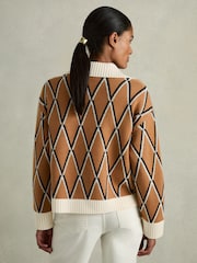 Reiss Camel/Ivory Korie Wool-Cashmere Diamond-Jacquard Cardigan - Image 5 of 6