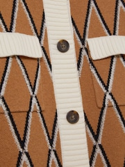 Reiss Camel/Ivory Korie Wool-Cashmere Diamond-Jacquard Cardigan - Image 6 of 6