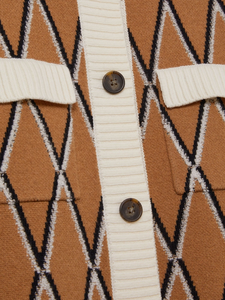 Reiss Camel/Ivory Korie Wool-Cashmere Diamond-Jacquard Cardigan - Image 6 of 6