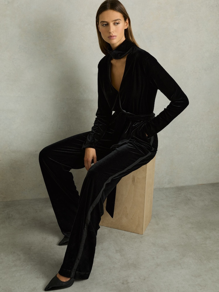 Reiss Black Vera Petite Velvet Belted Wide Leg Jumpsuit - Image 1 of 11
