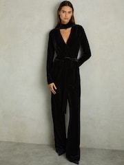 Reiss Black Vera Petite Velvet Belted Wide Leg Jumpsuit - Image 4 of 11