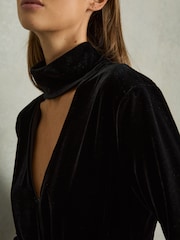 Reiss Black Vera Petite Velvet Belted Wide Leg Jumpsuit - Image 7 of 11