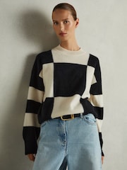 Reiss Black/White Becki Wool-Cashmere Check-Intarsia Jumper - Image 1 of 6