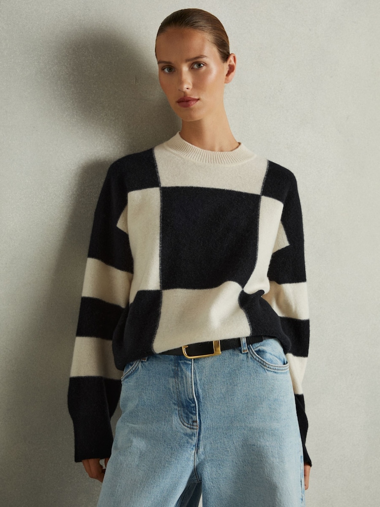 Reiss Black/White Becki Wool-Cashmere Check-Intarsia Jumper - Image 1 of 6
