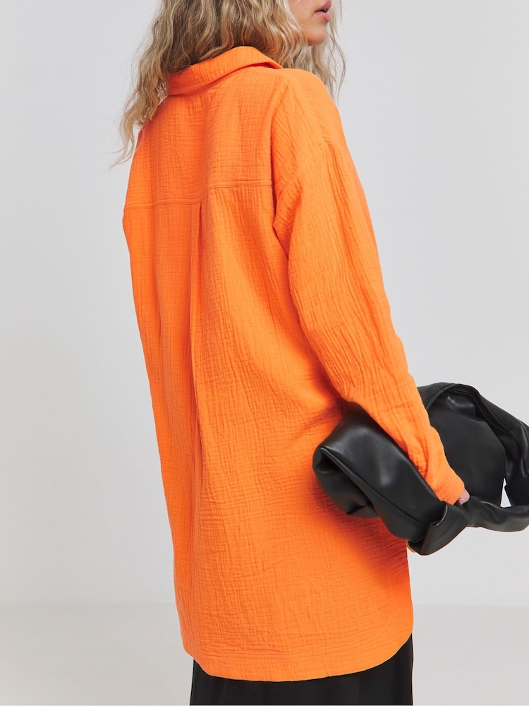 Simply Be Orange Oversized 100% Cotton Cheesecloth Pocket Shirt - Image 2 of 4