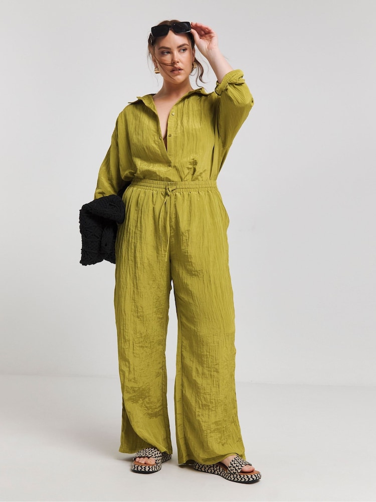 Simply Be Green Textured Satin Wide Leg Trousers - Image 1 of 4