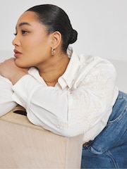 Simply Be White Embroidered Sleeve Relaxed Shirt - Image 4 of 4