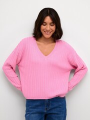 Kaffe Loose Fit KAlola V-Neck Striped Pullover Jumper - Image 1 of 6