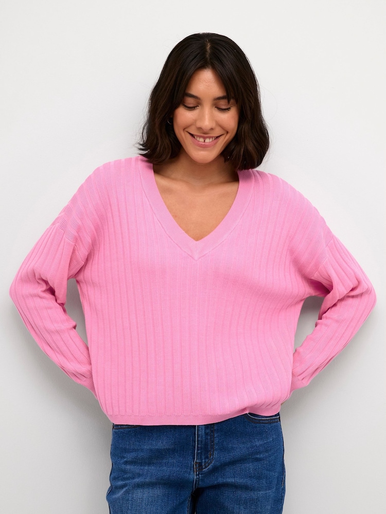 Kaffe Loose Fit KAlola V-Neck Striped Pullover Jumper - Image 1 of 6