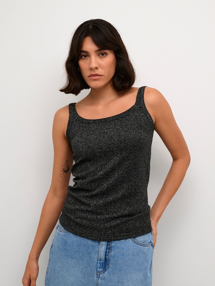 Kaffe Slim Fit Silver Cecilia Glitter Rib Tank Top - Image 1 of 6
