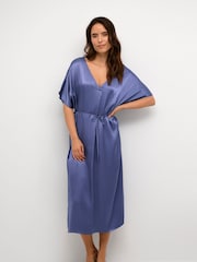 Kaffe Blue Karen Satin V-Neck Short Sleeve Dress - Image 1 of 7