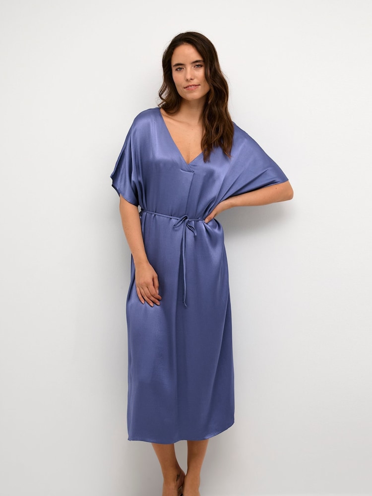 Kaffe Blue Karen Satin V-Neck Short Sleeve Dress - Image 1 of 7