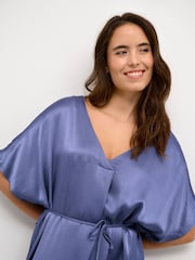 Kaffe Blue Karen Satin V-Neck Short Sleeve Dress - Image 2 of 7
