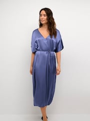 Kaffe Blue Karen Satin V-Neck Short Sleeve Dress - Image 3 of 7