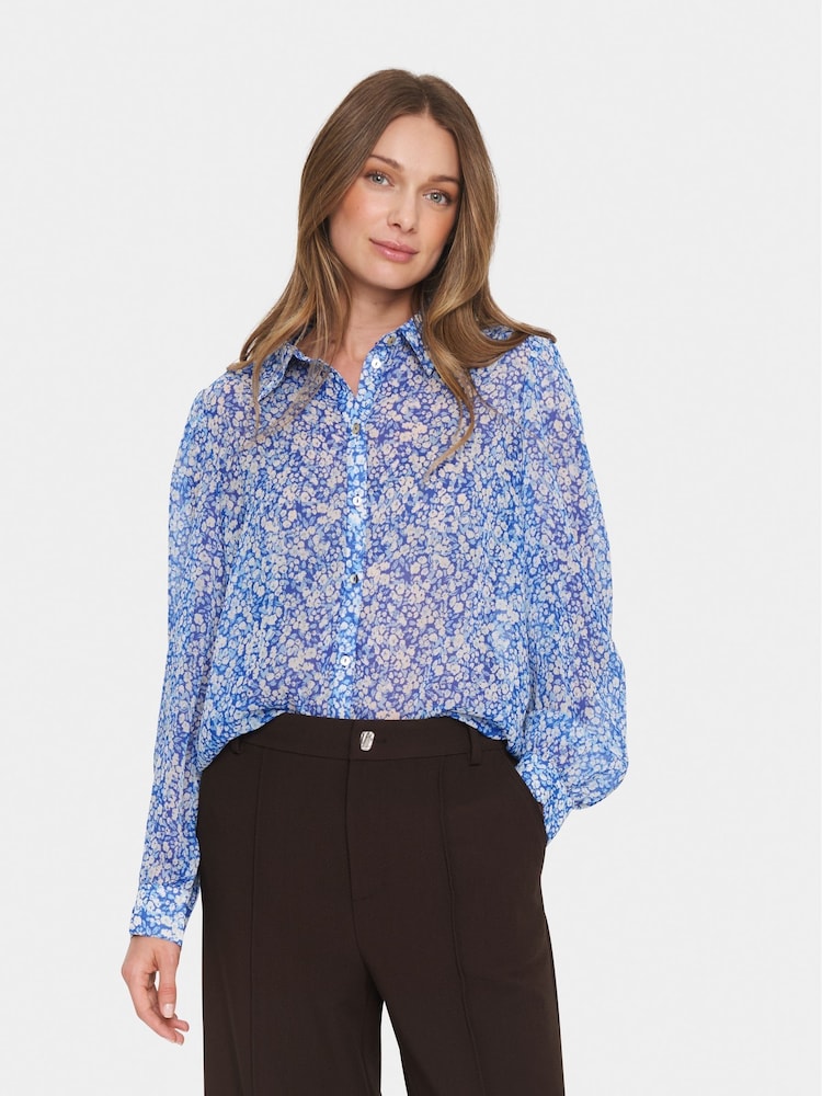 Saint Tropez Regular Fit Blue Avi Printed Chiffon Shirt - Image 1 of 5 Saint Tropez Regular Fit Blue Avi Printed Chiffon Shirt - Image 1 of 5