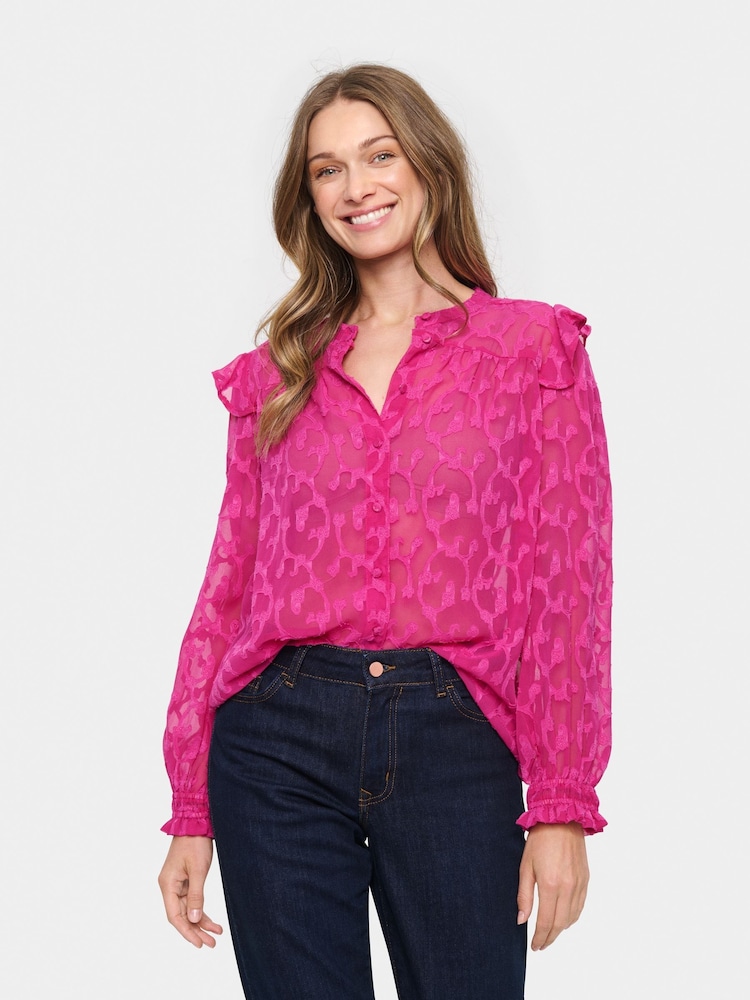 Saint Tropez Pink Fiva Band Collar Chiffon Shirt - Image 1 of 6 Saint Tropez Pink Fiva Band Collar Chiffon Shirt - Image 1 of 6