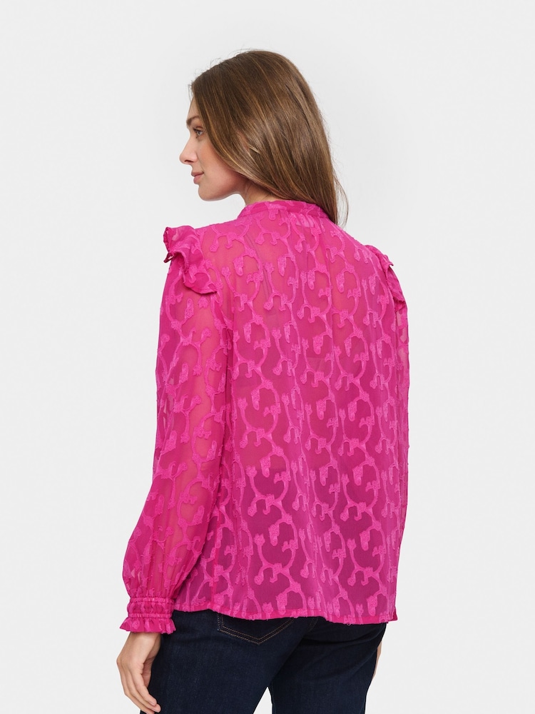 Saint Tropez Pink Fiva Band Collar Chiffon Shirt - Image 2 of 6 Saint Tropez Pink Fiva Band Collar Chiffon Shirt - Image 2 of 6