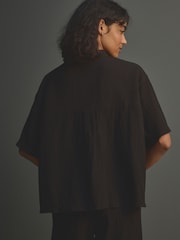 Noir - Chemise coordonnée texturée à manches courtes avec lin - Image 3 of 7