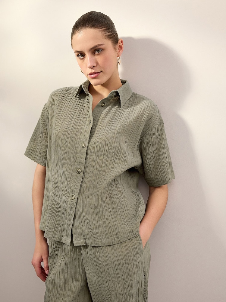 Khaki Green Short Sleeve Textured Co-ord Shirt With Linen - Image 2 of 6 Khaki Green Short Sleeve Textured Co-ord Shirt With Linen - Image 2 of 6