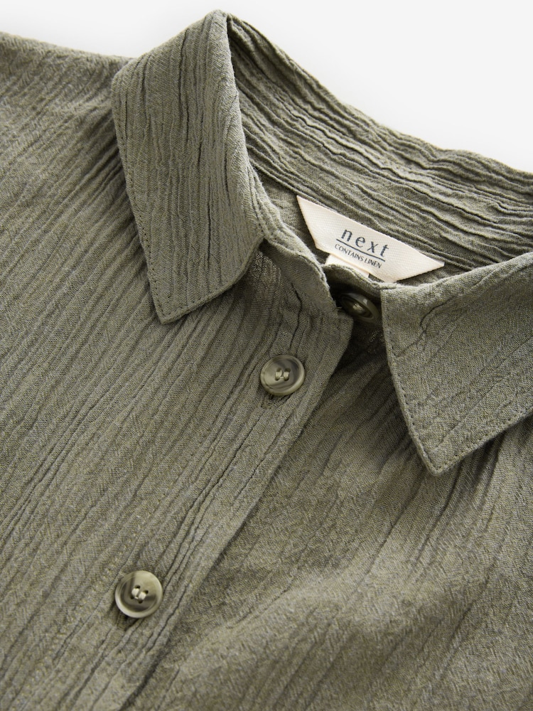 Khaki Green Short Sleeve Textured Co-ord Shirt With Linen - Image 6 of 6 Khaki Green Short Sleeve Textured Co-ord Shirt With Linen - Image 6 of 6