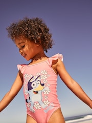 Coral Pink Flower Print Bluey License Frill Shoulder Swimsuit (12mths-7yrs) - Image 1 of 8