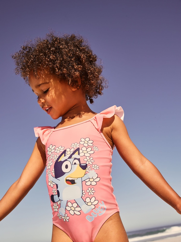Coral Pink Flower Print Bluey License Frill Shoulder Swimsuit (12mths-7yrs) - Image 1 of 8