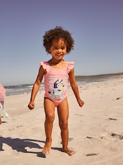 Coral Pink Flower Print Bluey License Frill Shoulder Swimsuit (12mths-7yrs) - Image 2 of 8