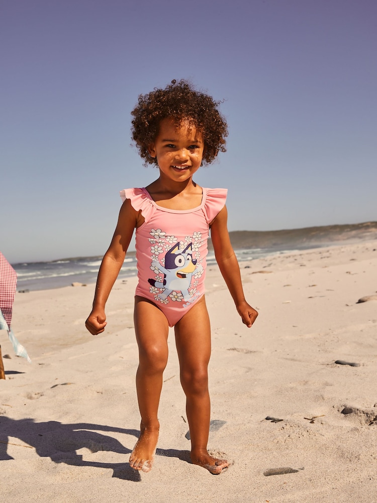 Coral Pink Flower Print Bluey License Frill Shoulder Swimsuit (12mths-7yrs) - Image 2 of 8