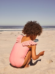 Coral Pink Flower Print Bluey License Frill Shoulder Swimsuit (12mths-7yrs) - Image 3 of 8
