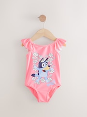 Coral Pink Flower Print Bluey License Frill Shoulder Swimsuit (12mths-7yrs) - Image 5 of 8